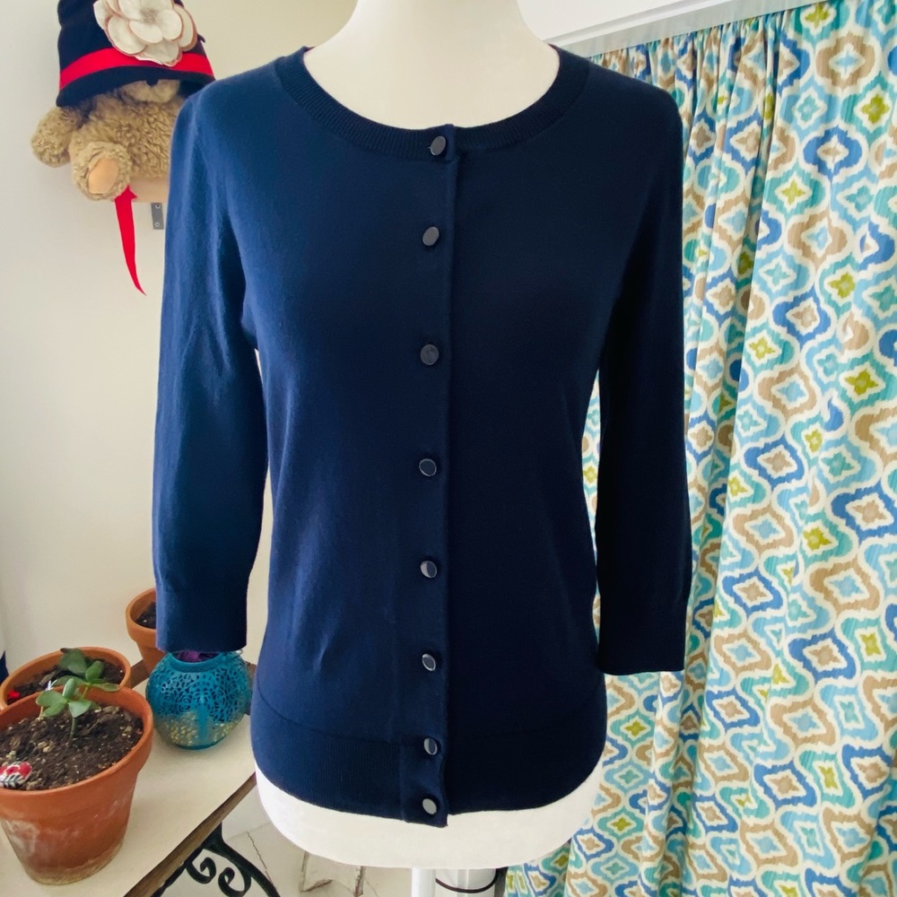 Talbots Navy blue crew neck cardigan with 3/4 sleeves (size SP)